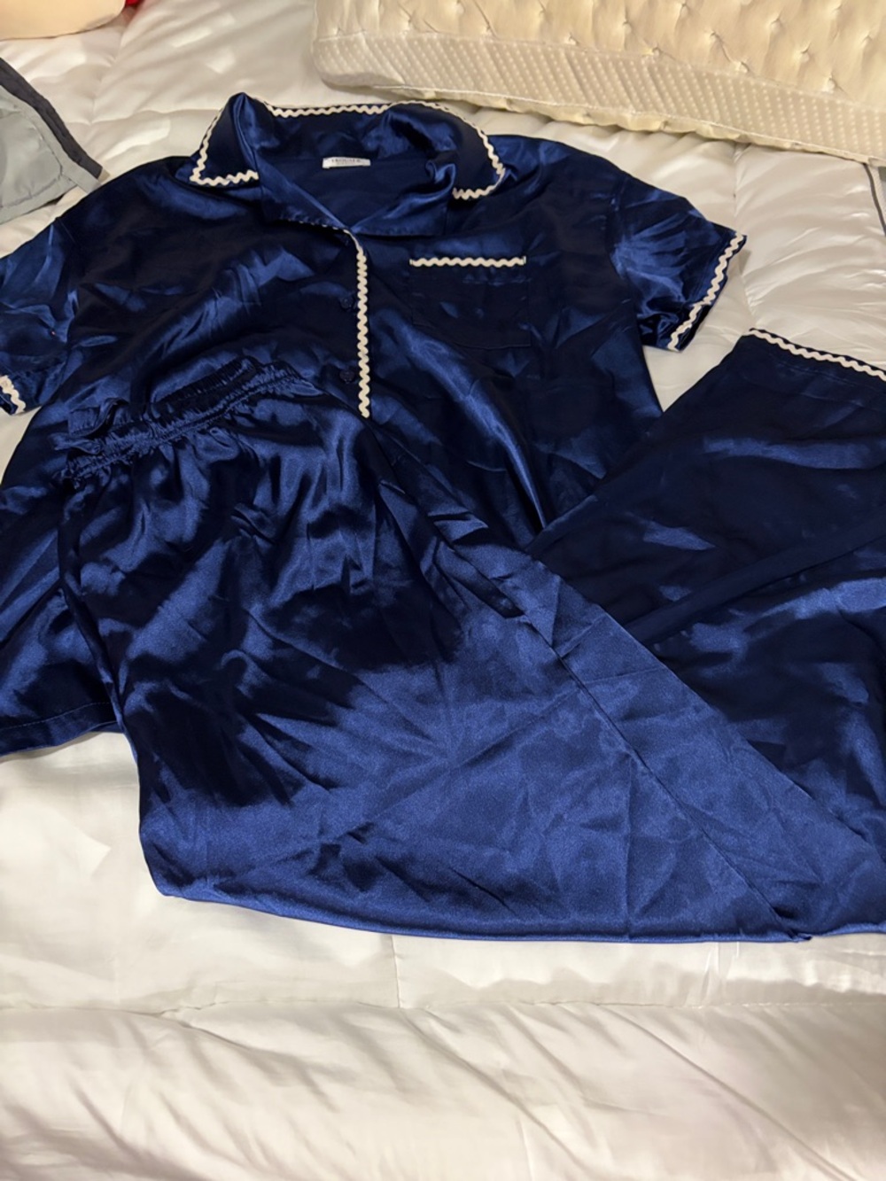 Navy Satin Pajama Set with Cream Trim - Large